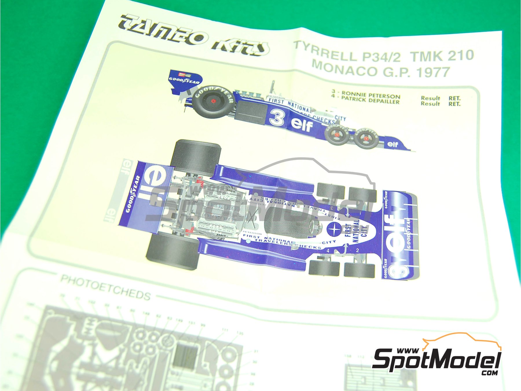 Tyrrell Ford P34 Six Wheels Tyrrell Racing Team sponsored by ELF - Monaco  Formula 1 Grand Prix 1977. Car scale model kit in 1/43 scale manufactured by